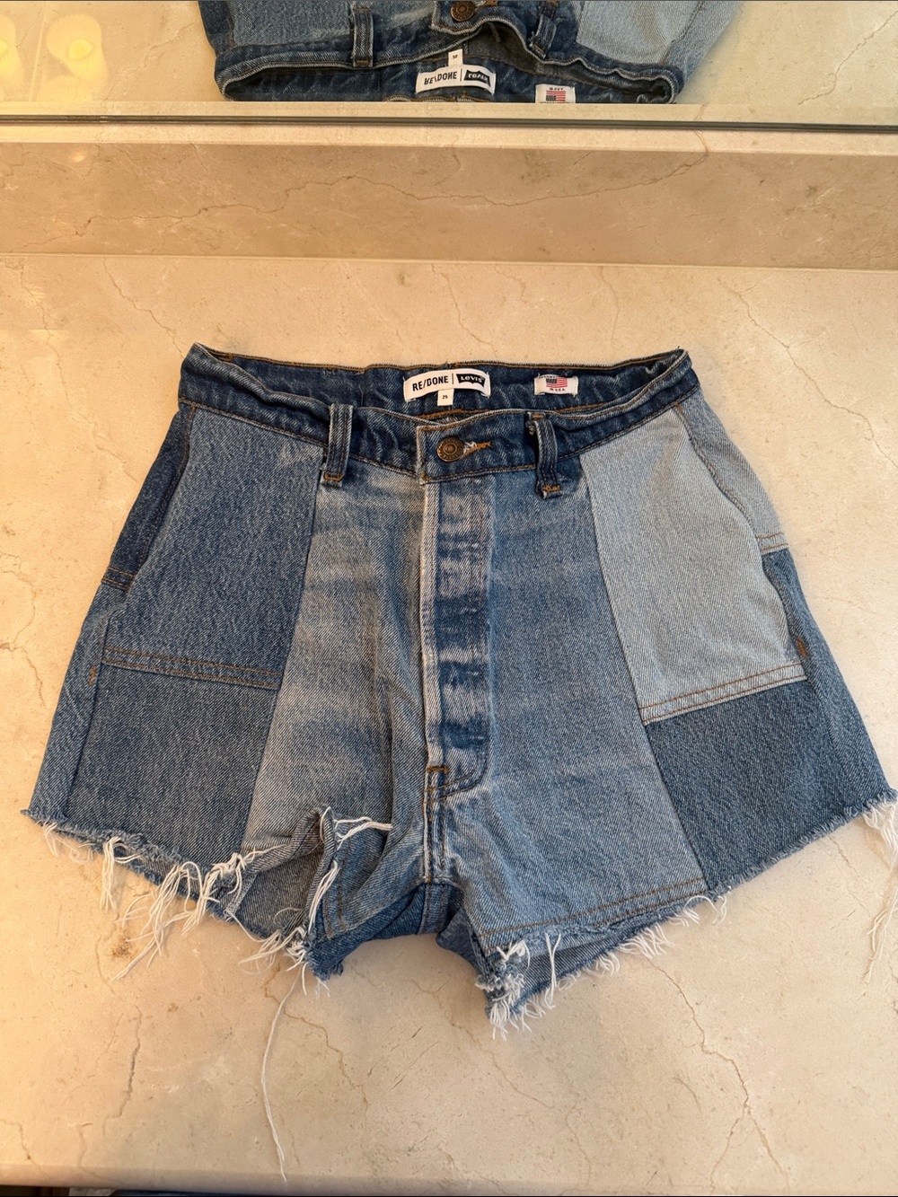 Re/Done / Levi’s Patchwork High-Rise Denim Shorts in Multi-Blue